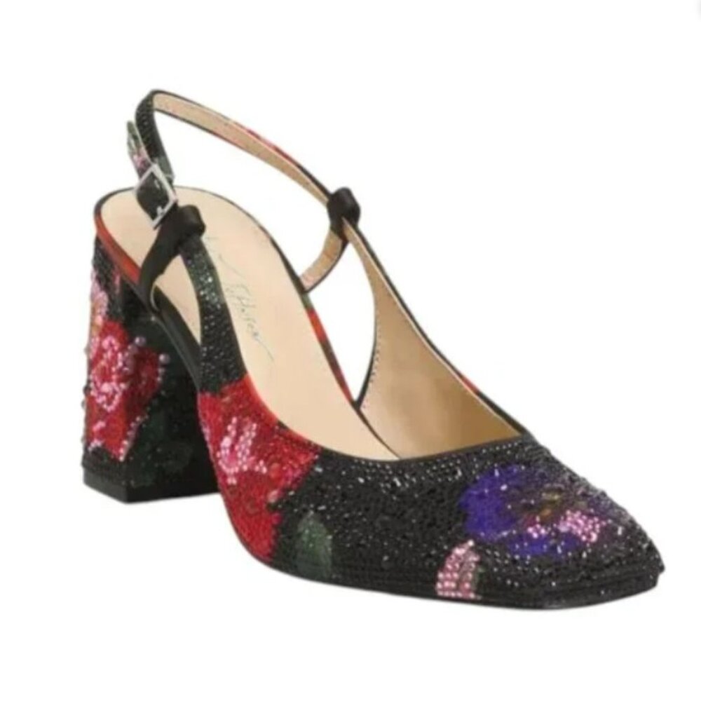 Betsey Johnson New in Box Women's size 9 Black Multi Floral Rhinestone Heels - Picture 2 of 5